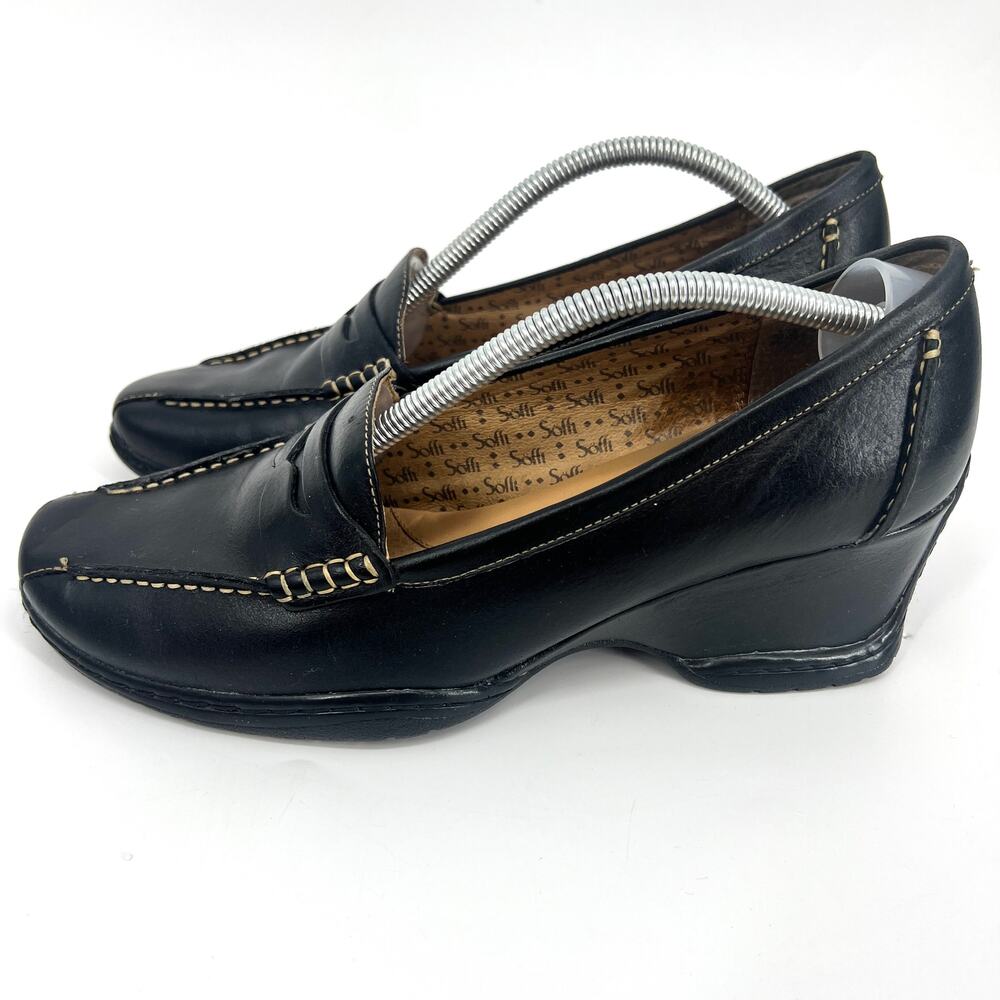 Sofft Womens Black Leather Heeled Loafers Slip On Comfort Shoes Size 9.5